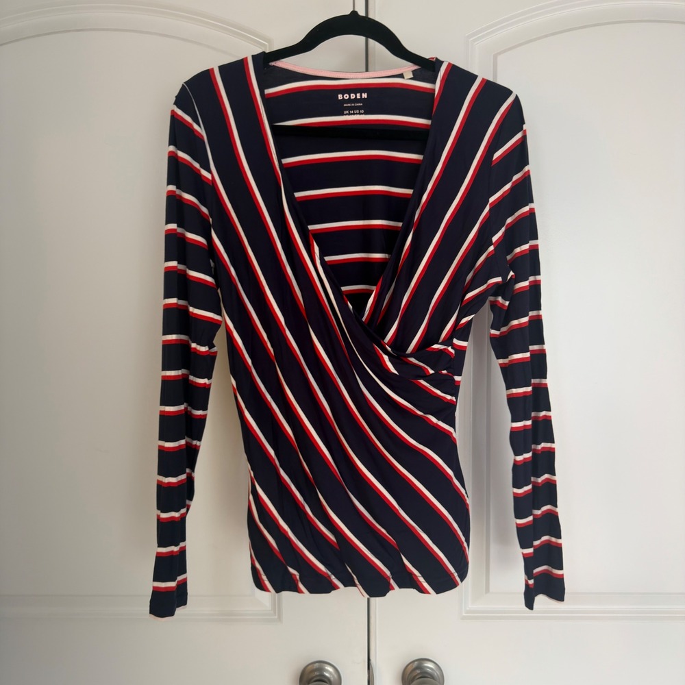 Boden Womens Navy Red White Striped Long Sleeve Faux Wrap Surplice Top US 10